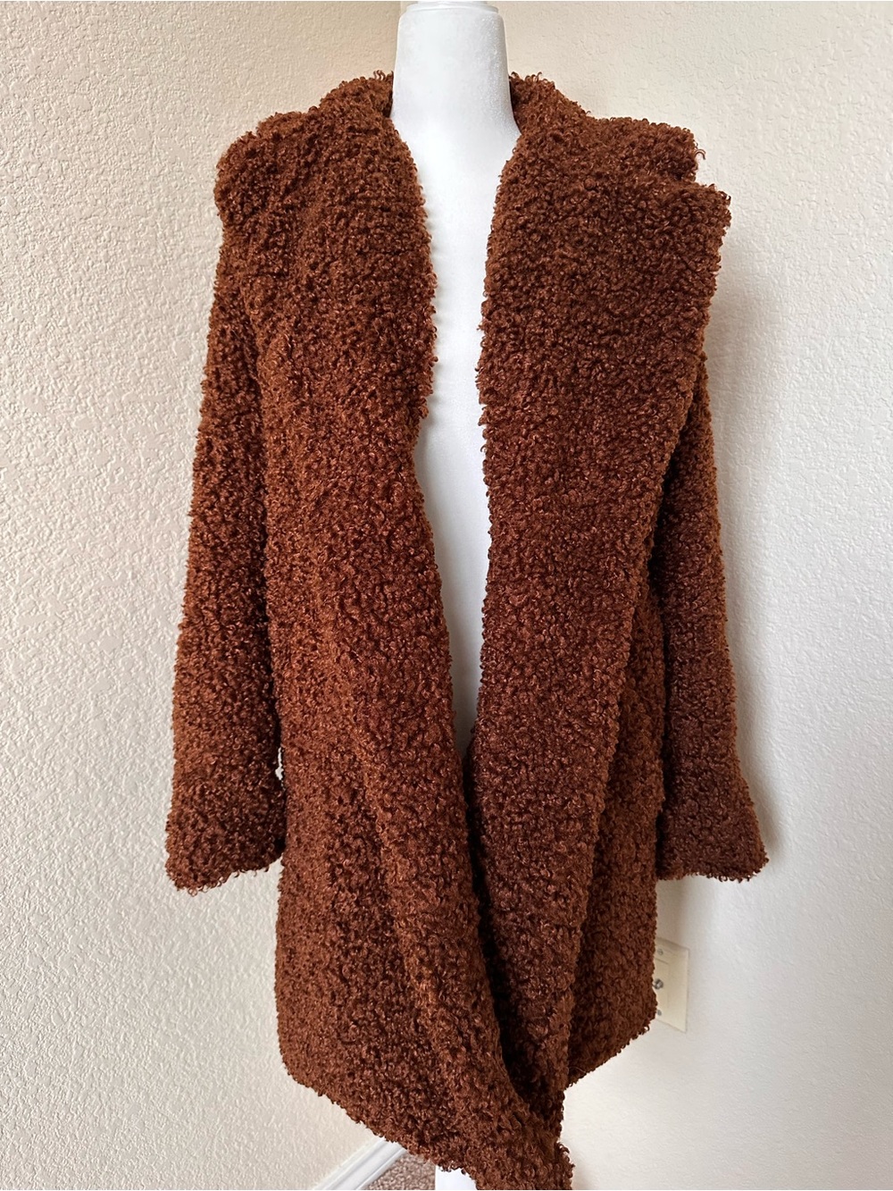Brown Teddy Bear Bouclé Open Front Coat Jacket